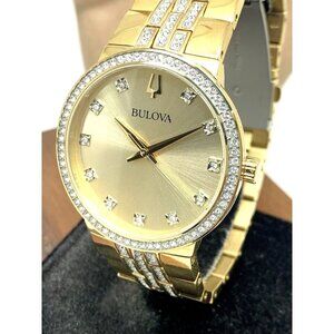 Bulova Men's Watch 98K113 Quartz Gold Dial Steel Gemmed 40mm Cross Necklace Set